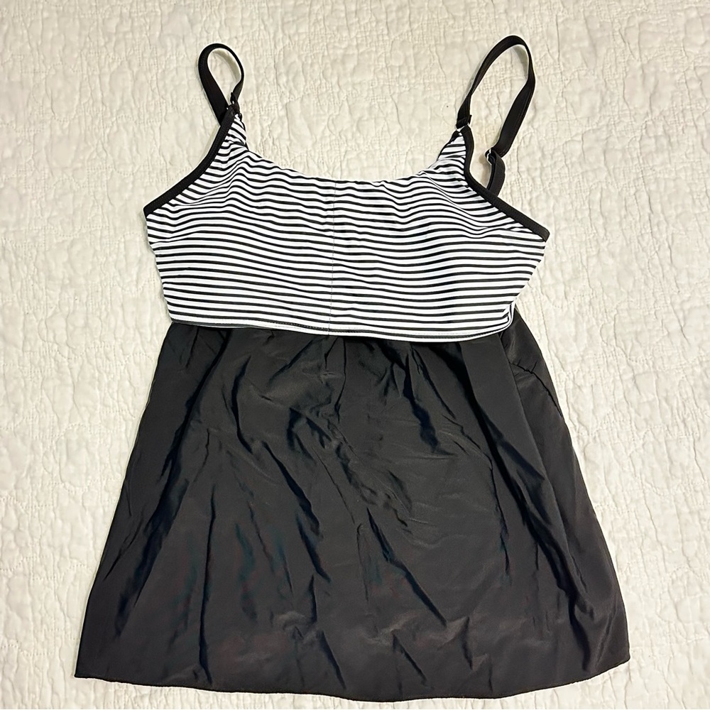 NEW Zaful Swimsuit Tankini TOP ONLY Womens Large Black White Stripe Overlay